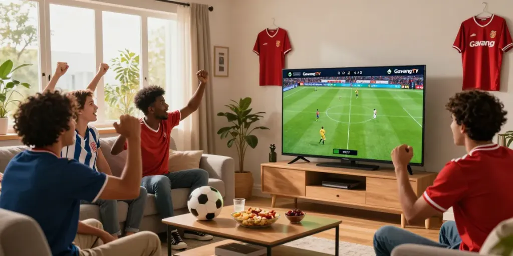 Fans enjoying a live football match on GavangTV in a cozy living room.