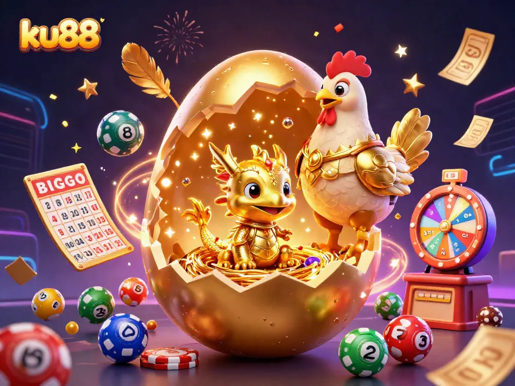 Join the excitement of ku88 with a golden dragon and vibrant lottery elements in this captivating casino scene.