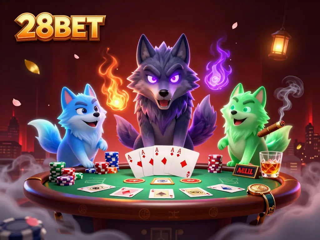Bet big with 28BET as mystical wolves gather around a vibrant poker table.