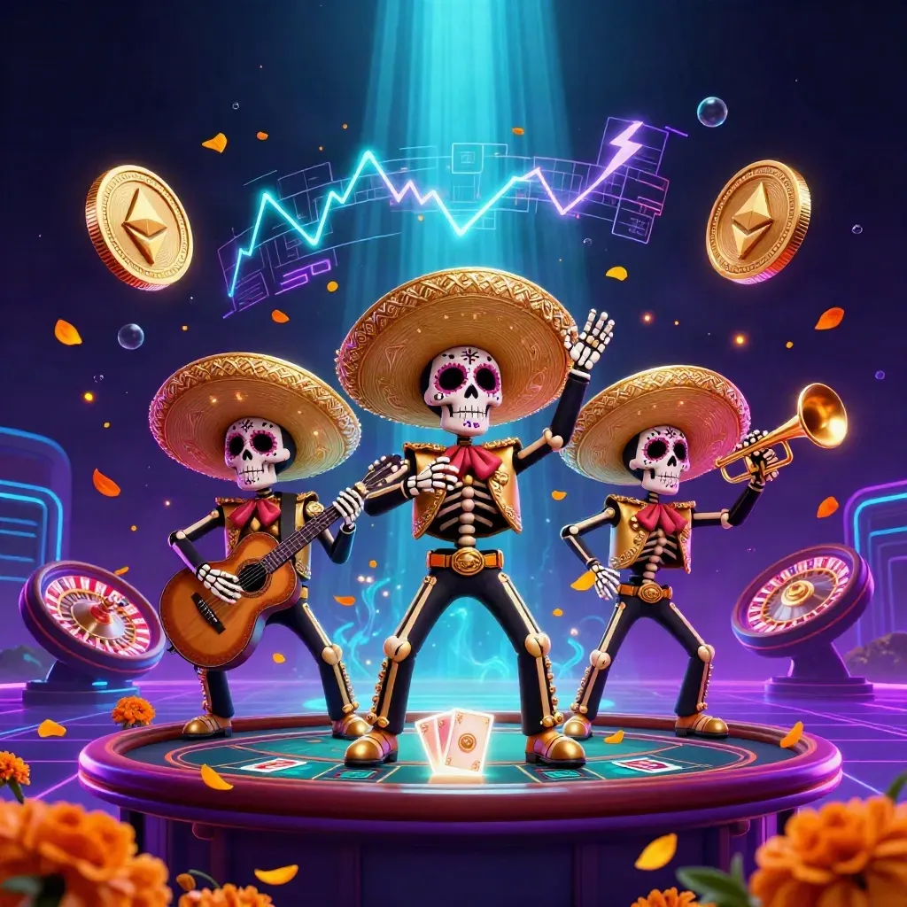 Day-of-the-Dead skeleton mariachi trio amid neon coins, roulette wheel, and cosmic casino glow