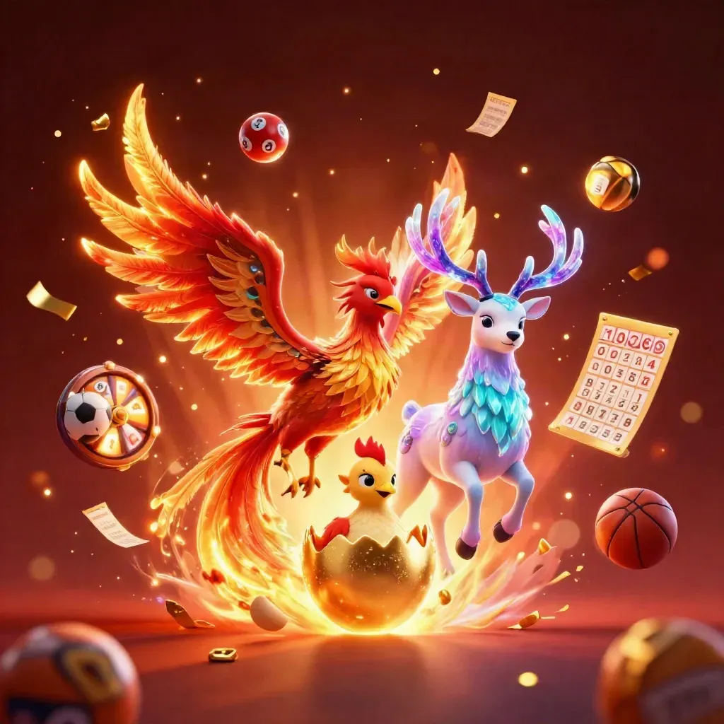 Phoenix, baby phoenix, and crystalline stag amid flying sports balls and casino props in fiery glow.