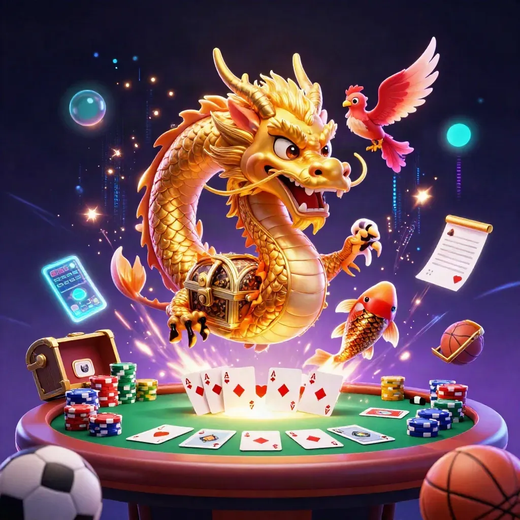 Golden dragon, phoenix, koi, chips, cards, soccer ball and basketball amid cosmic neon lights.