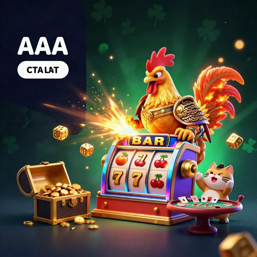 Rooster samurai, dragon hatchling, and fortune-cat amid exploding casino treasures in neon space.