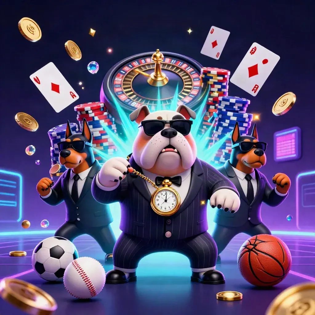 Cartoon bulldog mob boss with Doberman guards amid casino chips, coins, balls and neon space lights.