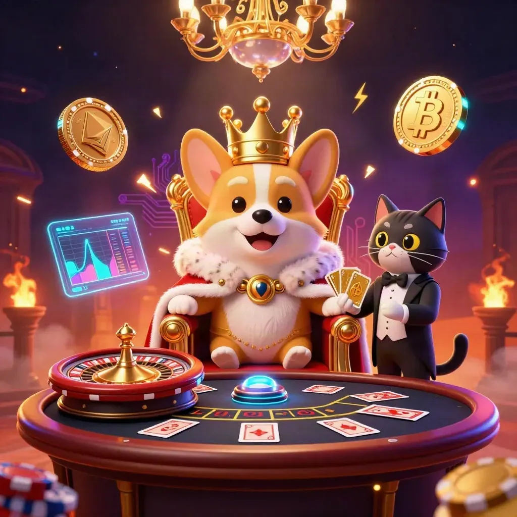 Royal corgi and cat butler in a neon casino room with coins, charts, and roulette drama