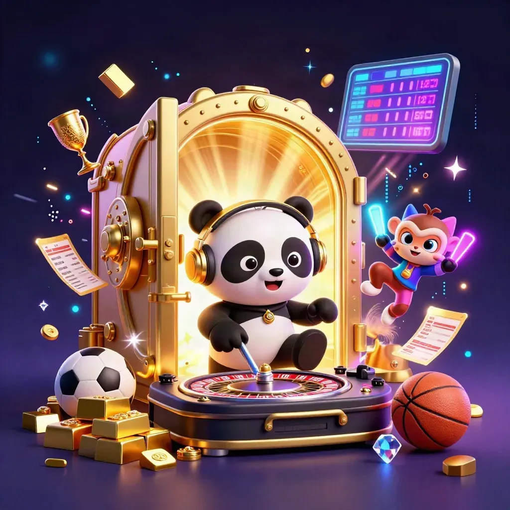 DJ panda, dancing monkey, and glow-stick kitten amid vault gold and neon casino space lights