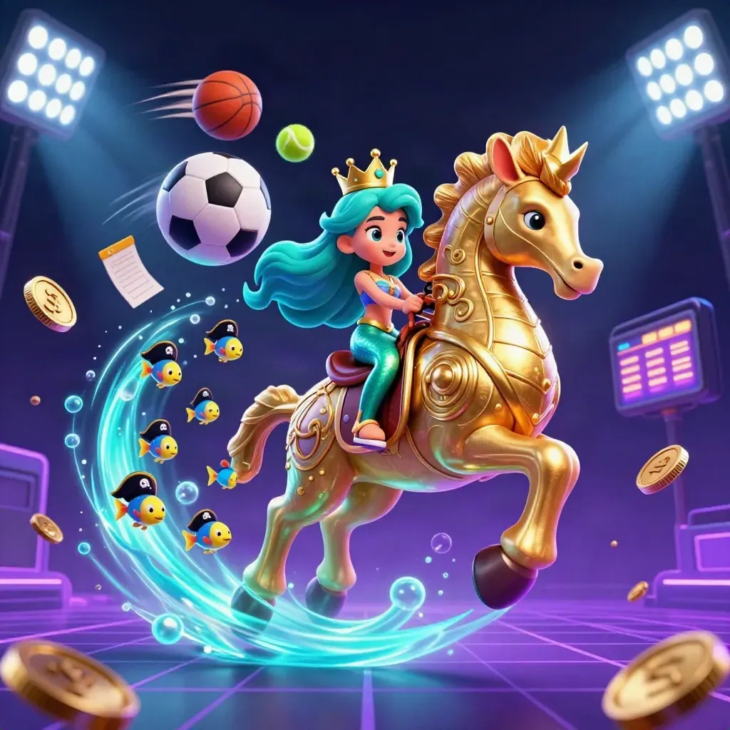 Mermaid princess on a golden seahorse, fish in pirate hats, sports balls and coins in neon space glow.