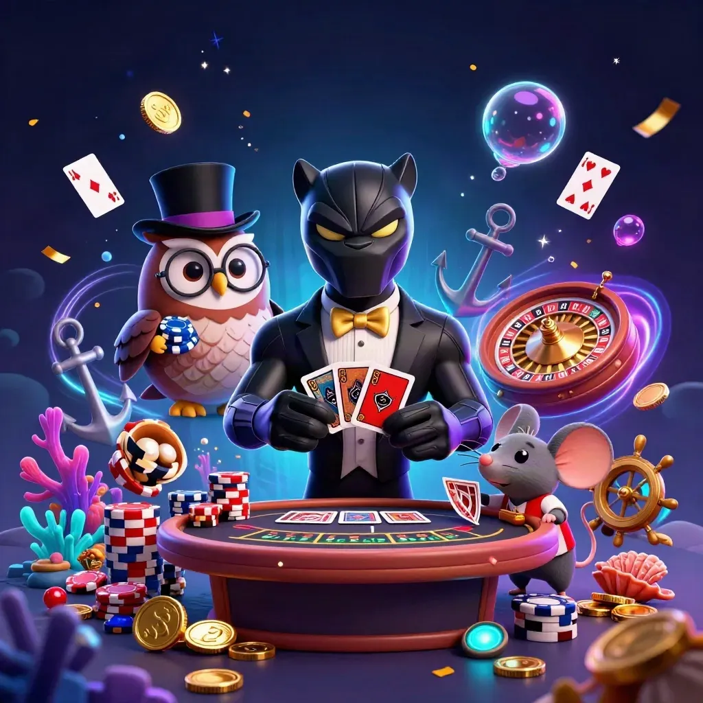 Panther, owl, and mouse in a luxe cosmic casino with coins, coral, and glowing effects