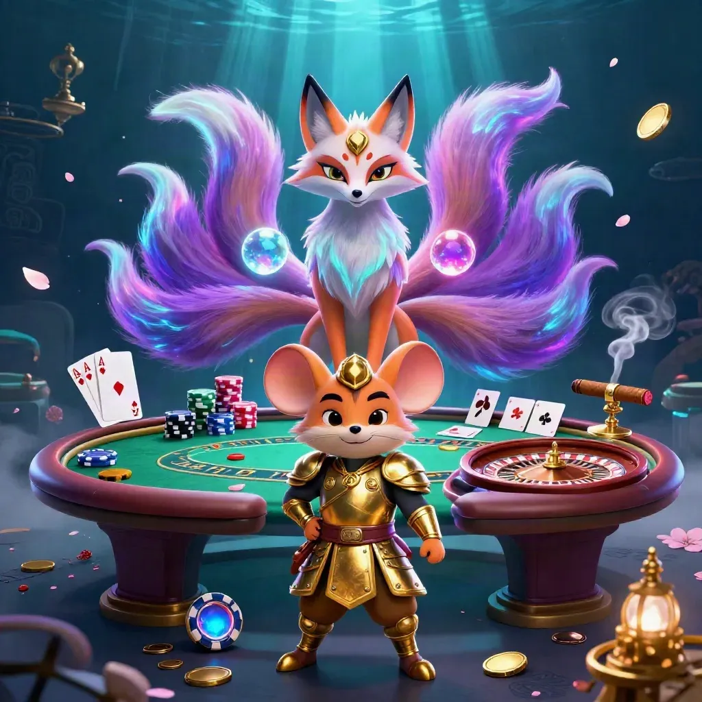 Neon fox spirit and armored mouse in a luxe casino scene with cards, chips, and glowing lights