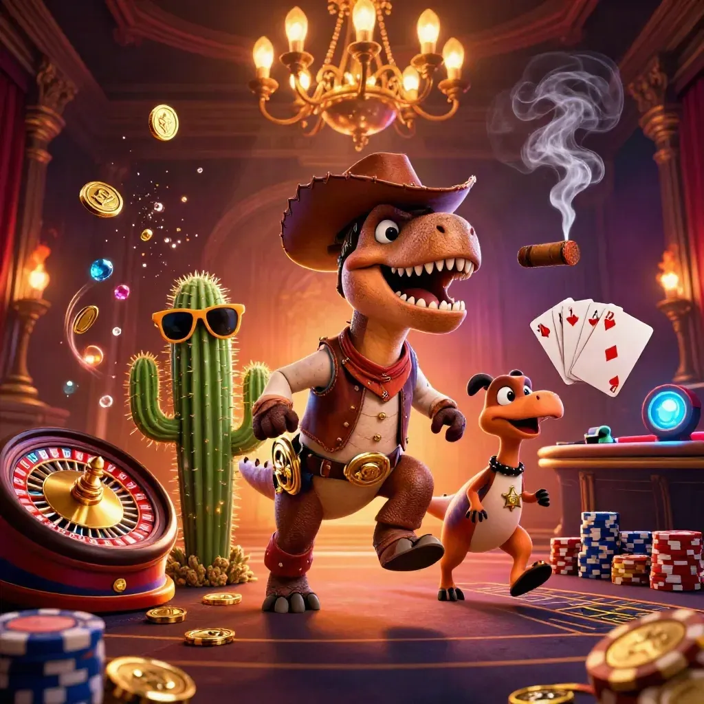 Cartoon T-Rex, cactus, and roadrunner in a luxe casino room with coins, gems, roulette, and cards.