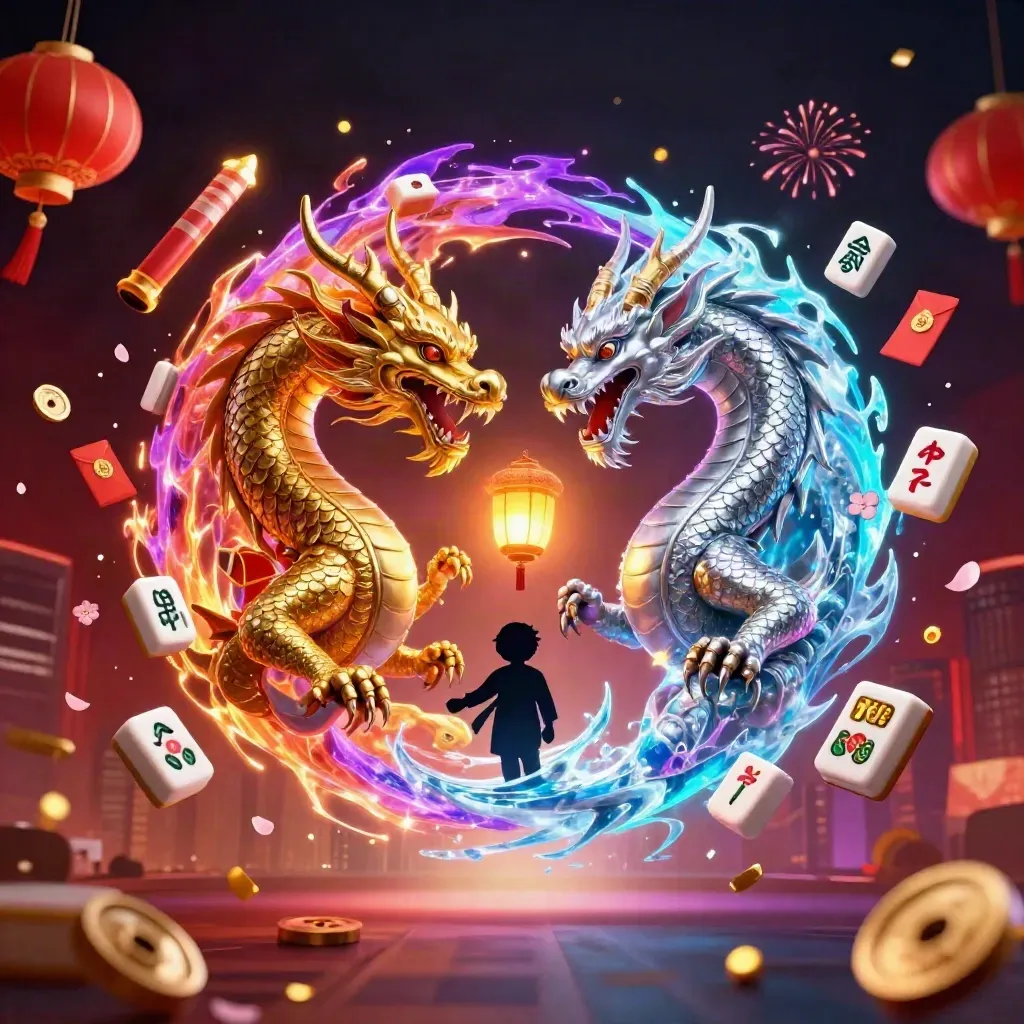Twin gold and silver dragons form a fire-and-ice yin-yang amid casino treasures.