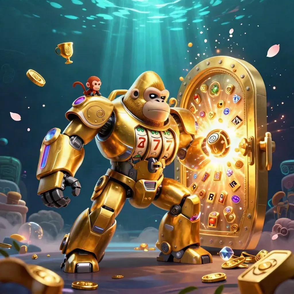 Golden gorilla mech with monkey pilot bursts from a vault in cyan-lit treasure chaos.