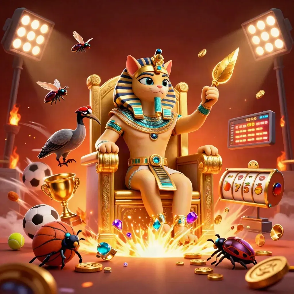 Pharaoh cat on a golden throne with ibis scribe, scarab beetles, sports balls and casino gold