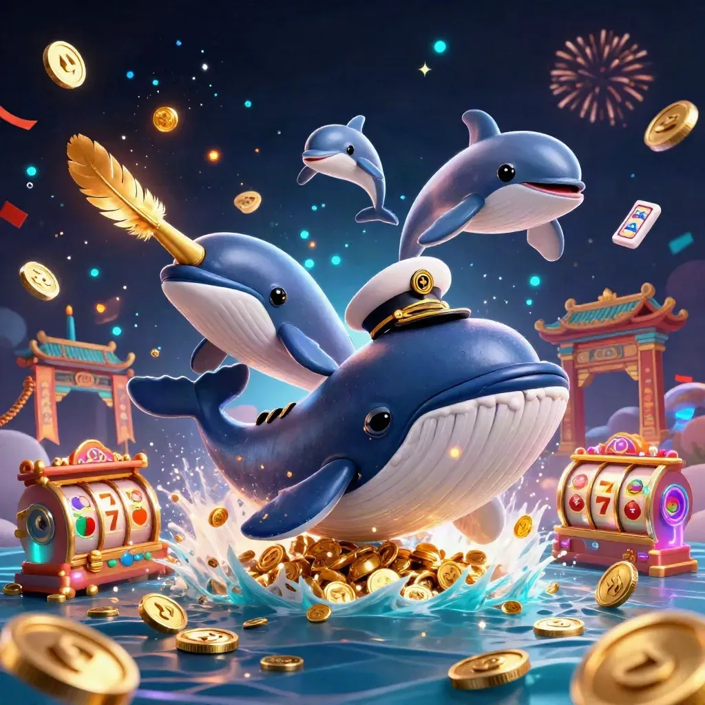Whale captain, narwhal and dolphins burst through gold coins in a neon space casino scene.