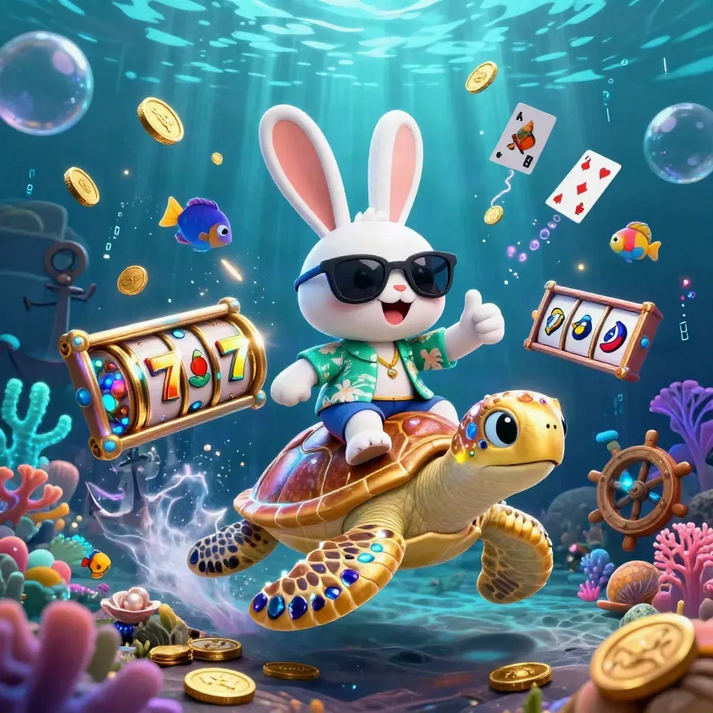 Rabbit on gem turtle in a neon underwater treasure cove with coins, coral, cards, and glowing reels.