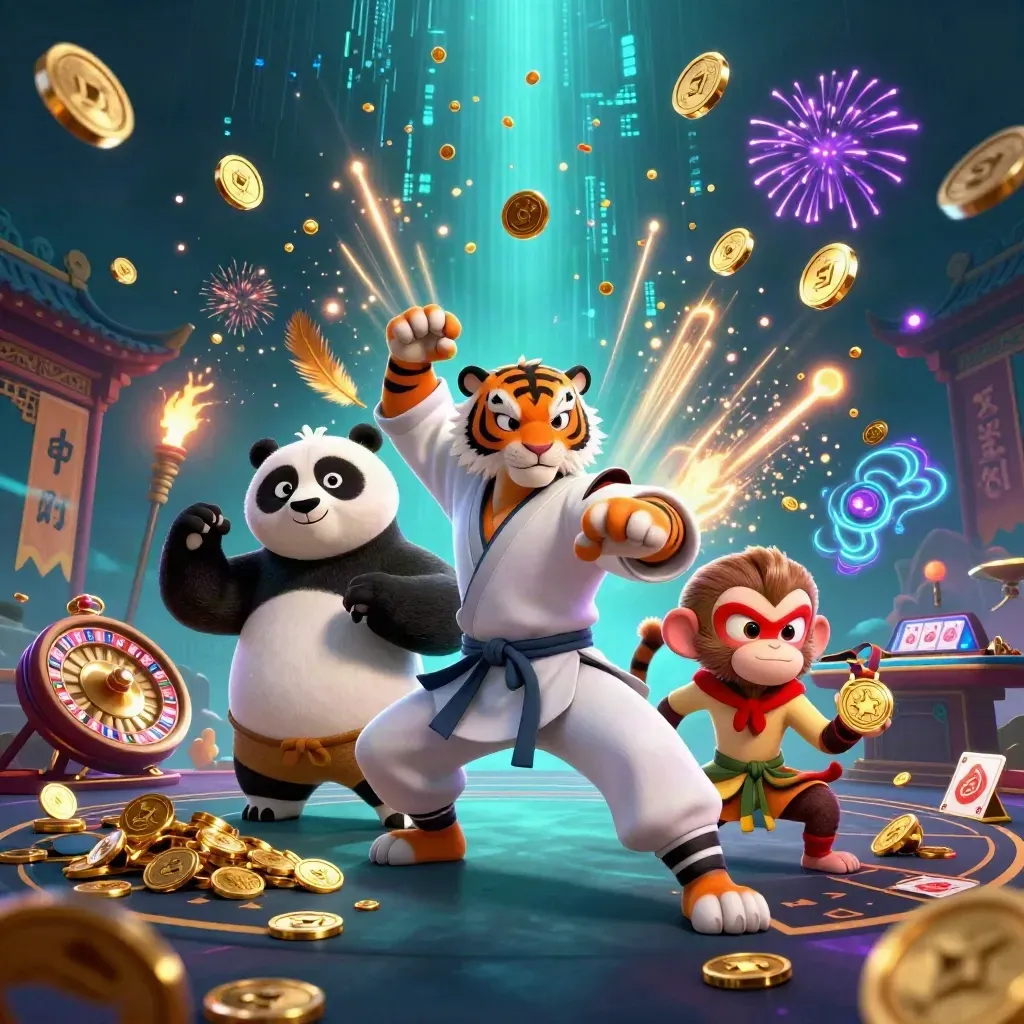 Tiger, panda, and monkey amid gold, coins, fireworks, and neon casino energy.