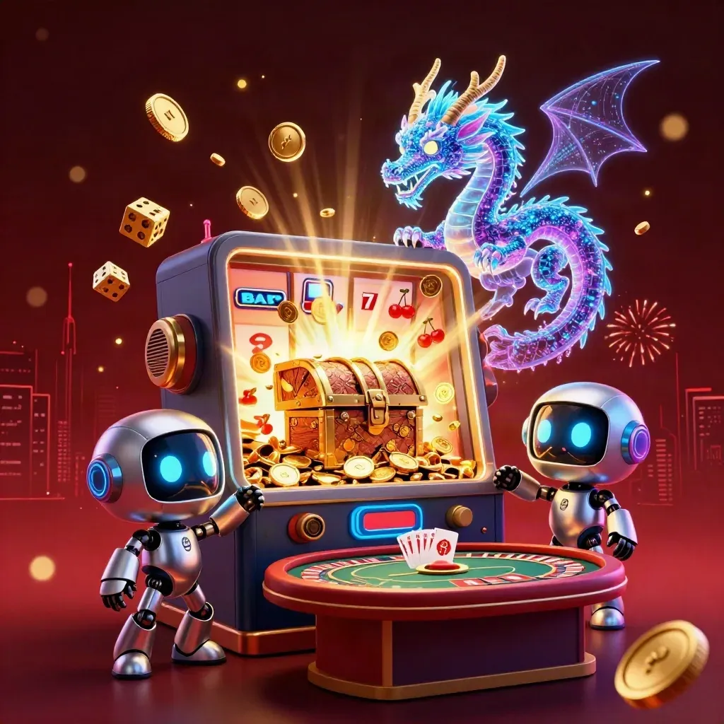 Cyberpunk robot, holographic dragon, and coin drone amid exploding casino jackpot gold and neon effects.