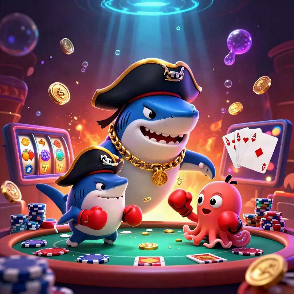 Shark pirate, boxing pufferfish, and octopus juggle coins amid neon casino chaos.