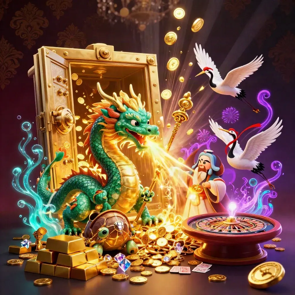 Dragon, turtle sage, and cranes burst from a glowing vault with casino riches and fireworks.
