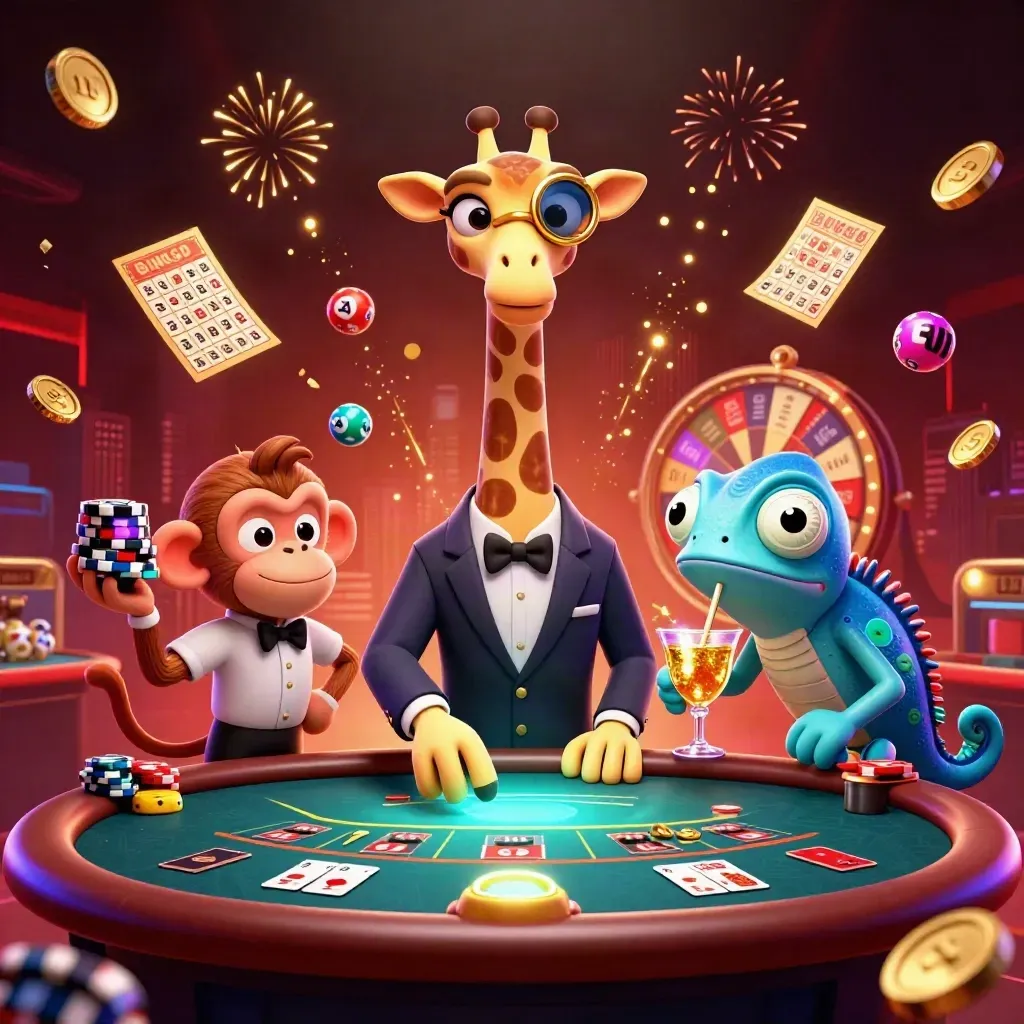 Giraffe, monkey, and chameleon in a flashy casino blast with coins, fireworks, and neon lights.
