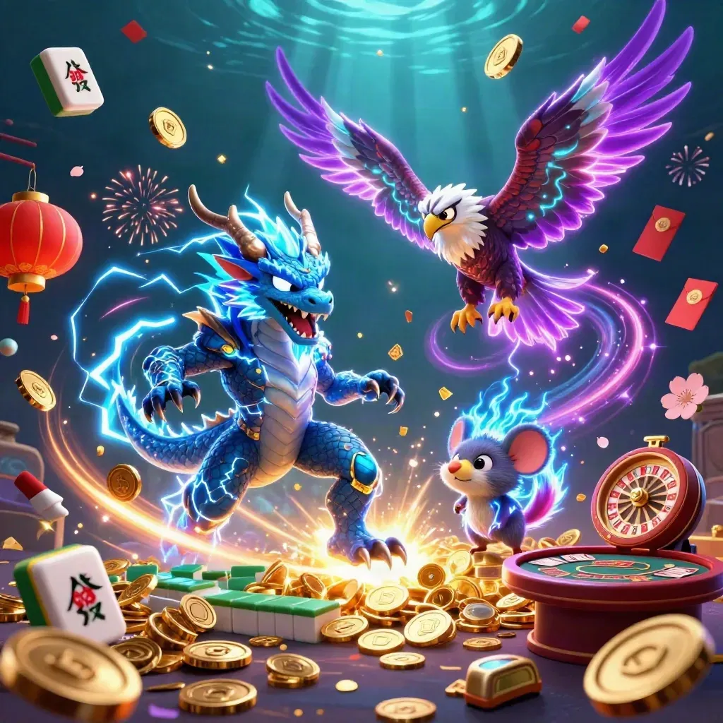 Thunder dragon, wind hawk, and spark mouse amid gold coins, lanterns, and fireworks in neon space.