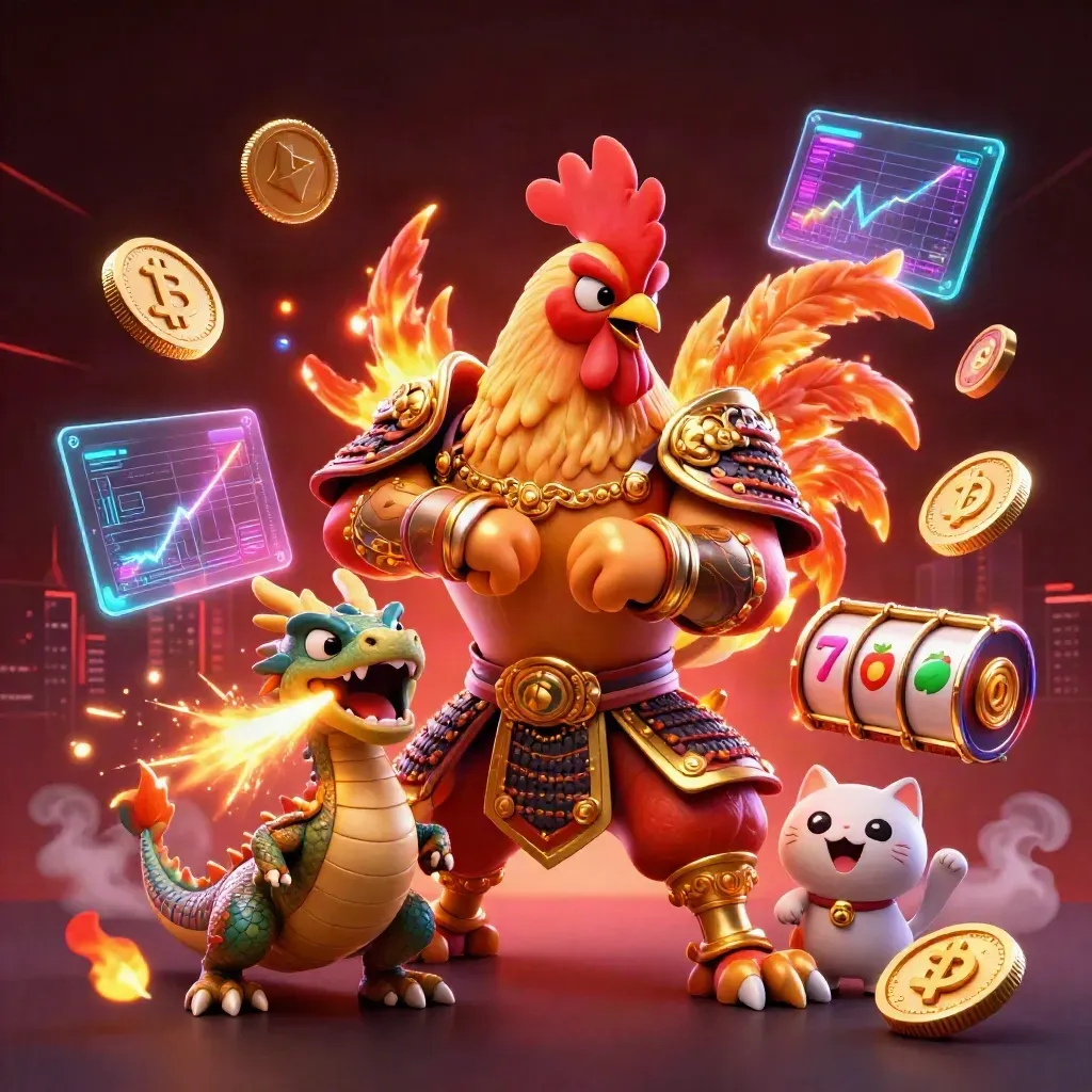 Rooster warrior, dragon hatchling, and fortune cat amid neon coins, sparks, and casino effects.