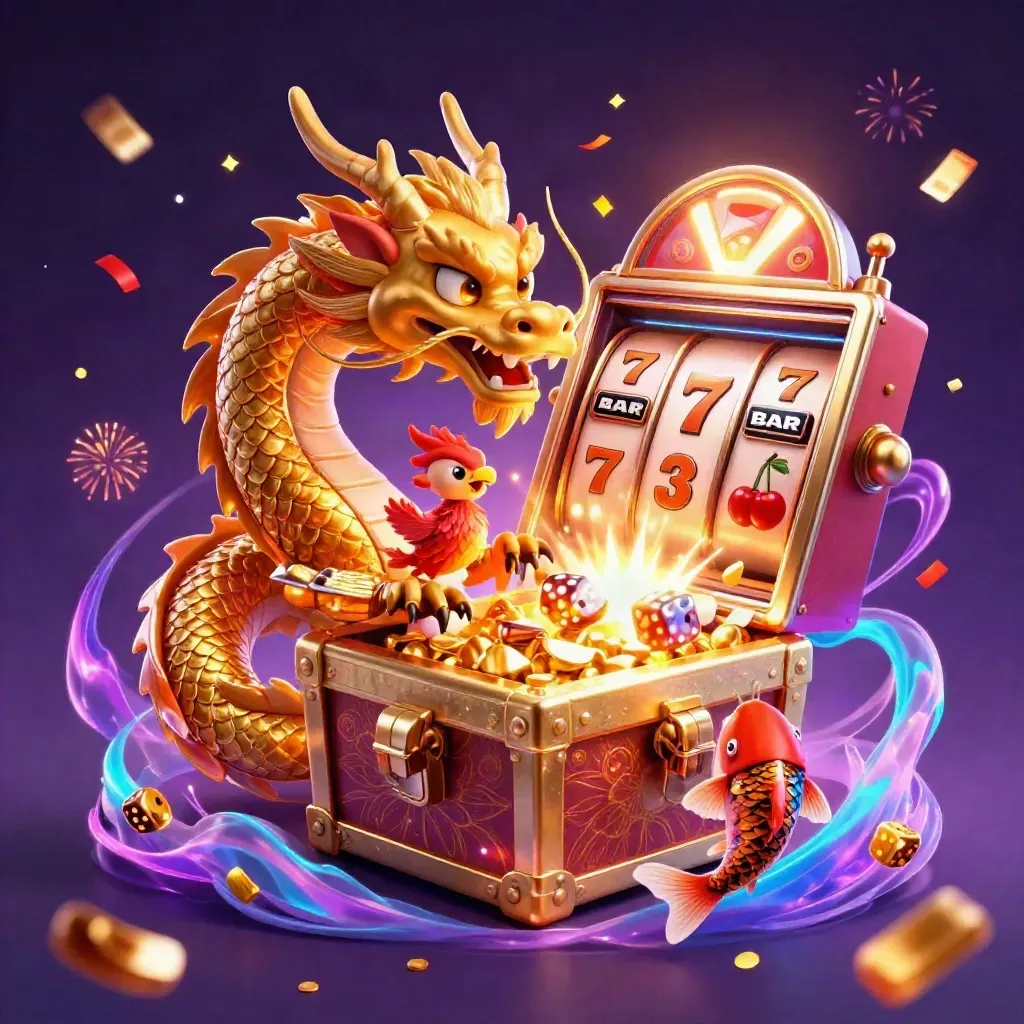 Golden dragon with red phoenix, koi, slot burst, gold coins, and neon casino lights in space.