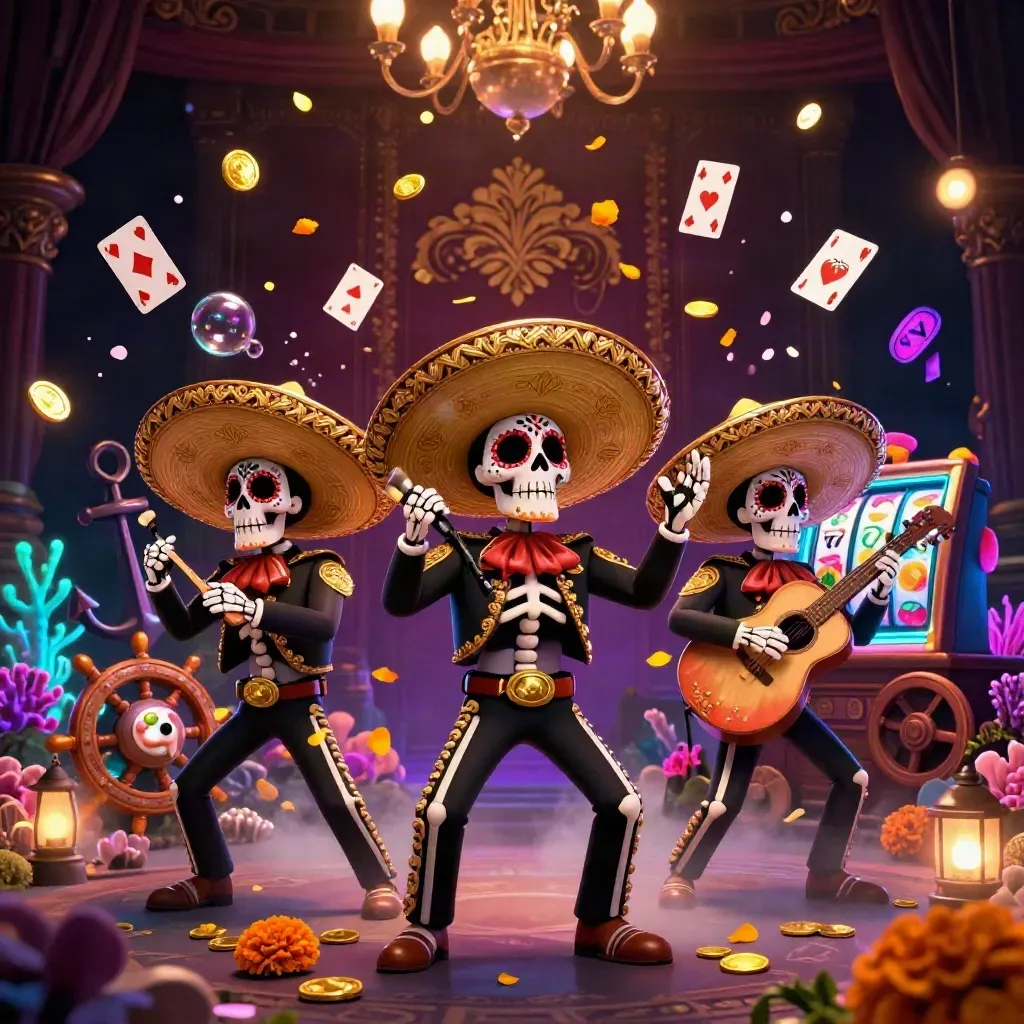 Skeleton mariachi trio amid treasure cove, slots, coins, coral, and neon casino glow.