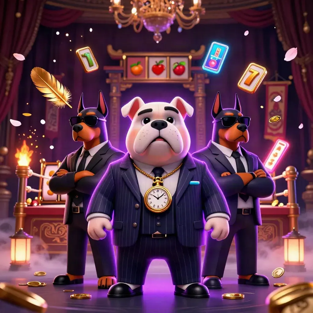 Bulldog boss with two Dobermans amid casino loot, temple gate, and neon cosmic effects.
