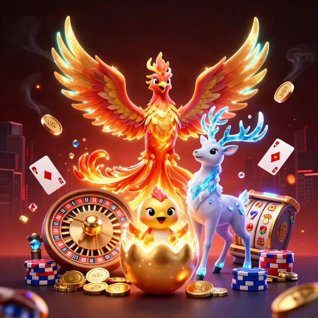 Phoenix, hatchling and crystal stag amid casino coins, cards and reels in neon space light