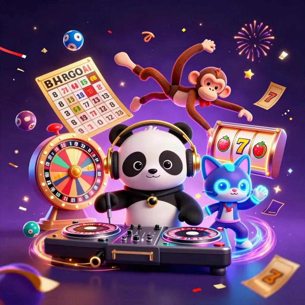 DJ panda, breakdancing monkey, and glow-stick kitten amid casino and space effects.
