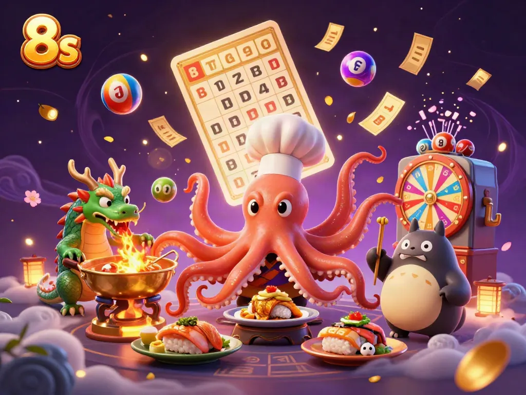Experience the thrills of 8s casino games with dynamic lottery balls and interactive characters.