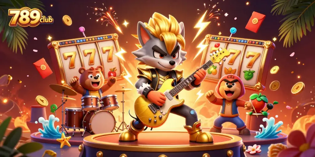 Experience thrilling gameplay at 789club, where colorful slot reels and characters unite in a vibrant casino scene.