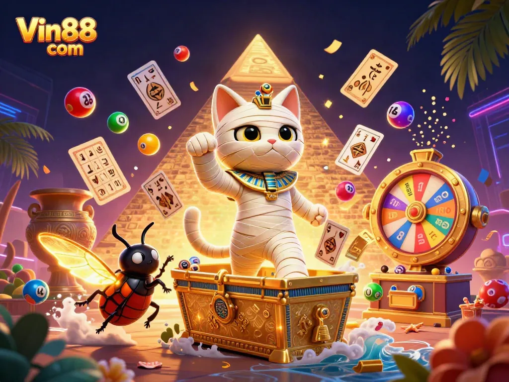 Activate thrilling games at Vin88 com with a dynamic scene of the mummy cat and gaming elements.