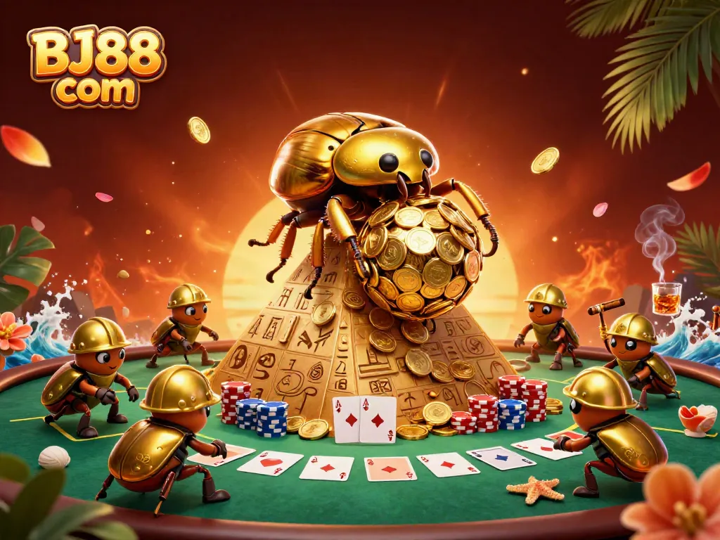 Engage with BJ88 com's dynamic casino scene featuring golden beetles, poker elements, and enchanting visuals.