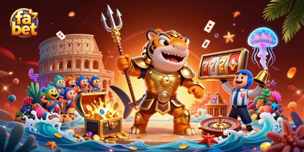 Experience the thrill of fa bet with a vibrant underwater scene featuring a fierce tiger shark celebrating casino wins.