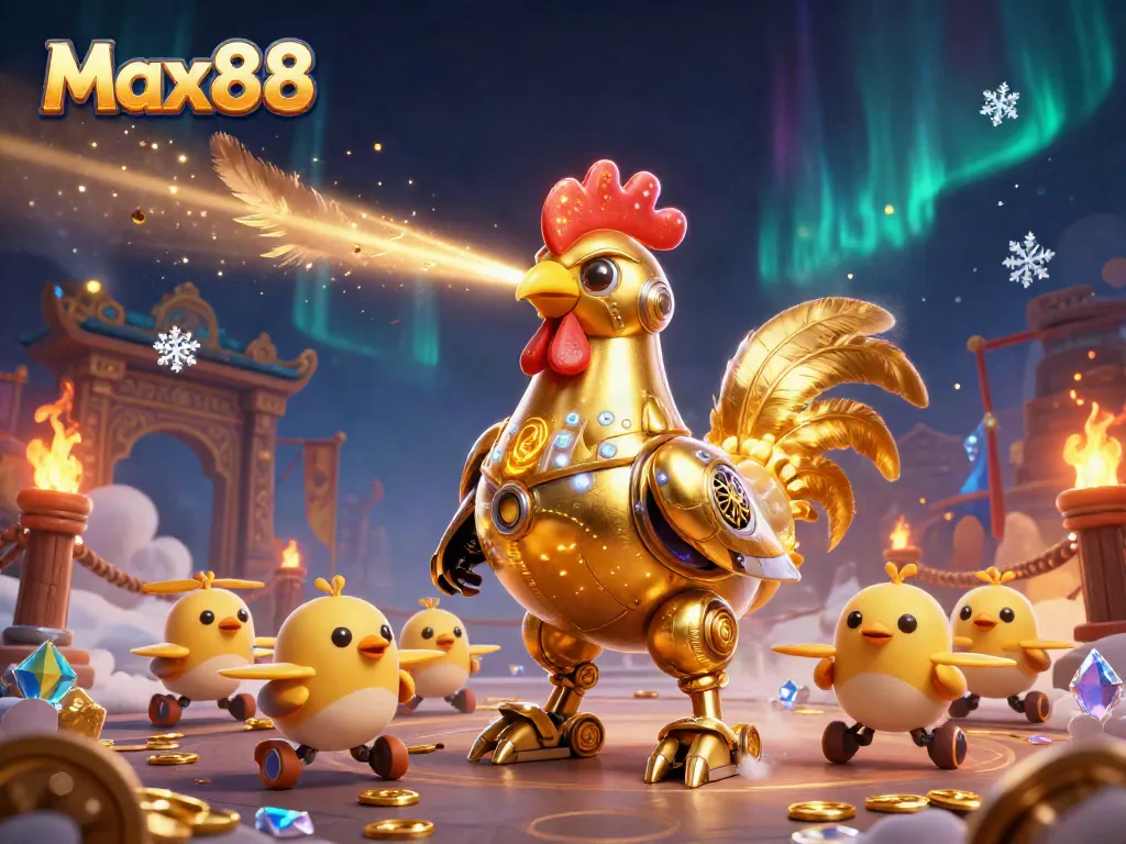 Max88 enticing players in a vibrant casino with golden rooster robot and baby chick drones amid swirling coins and game elements.