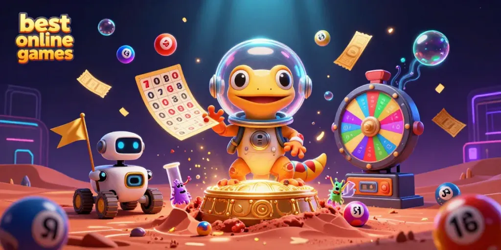 Experience the best online casino games with a colorful, dynamic illustration showcasing Martian and alien characters celebrating.