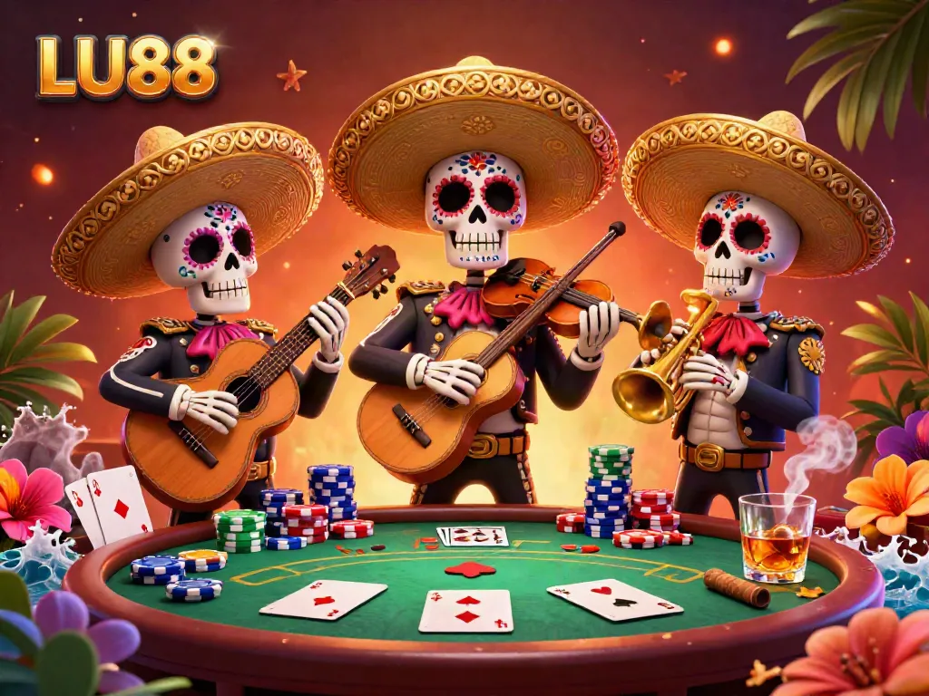 Experience the excitement of LU88 with vibrant casino gaming elements including poker and festive mariachi skeletons.