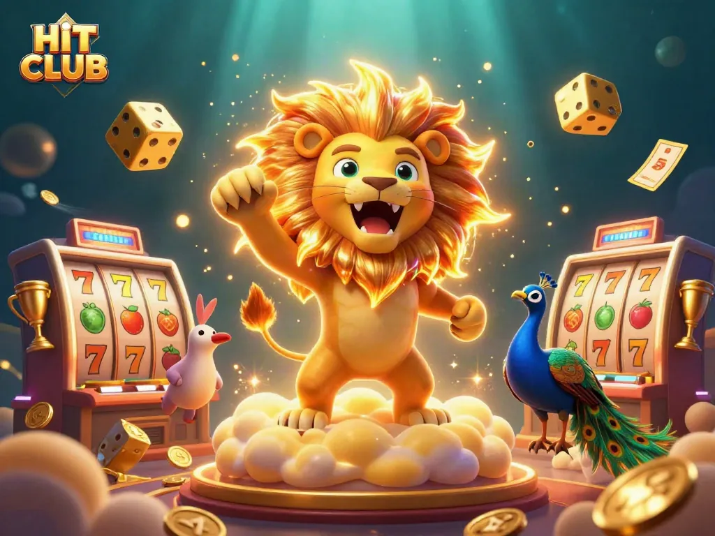 Experience the thrill of HIT CLUB gaming with an energetic 3D casino illustration showcasing vibrant slots and dynamic characters.