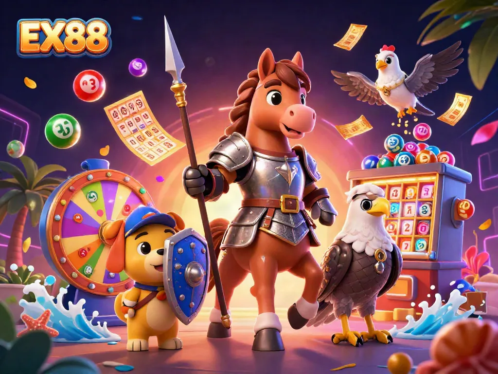 Play and win with EX88 in an exciting lottery-themed scene filled with vibrant casino elements.