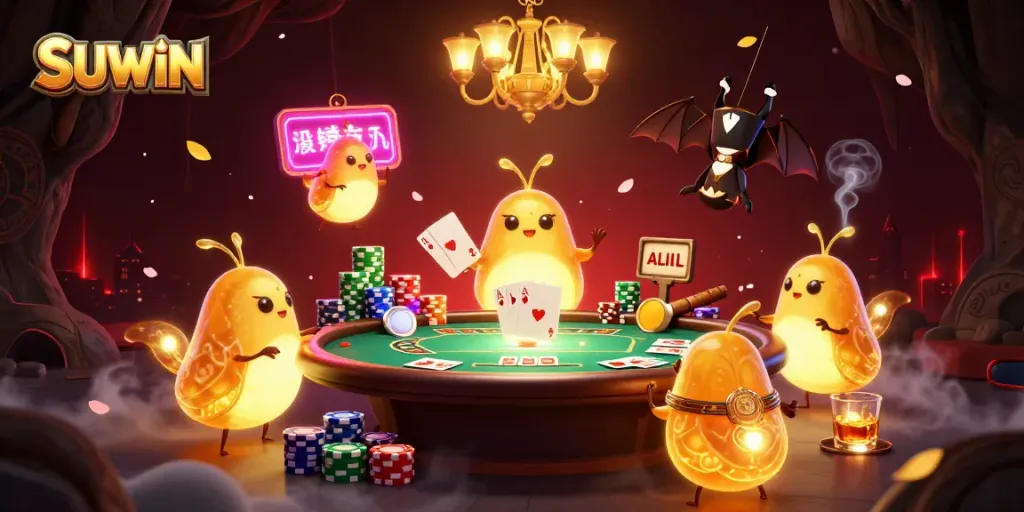 Suwin shines bright as glowworms illuminate a vibrant cave casino scene filled with poker excitement and rich details.