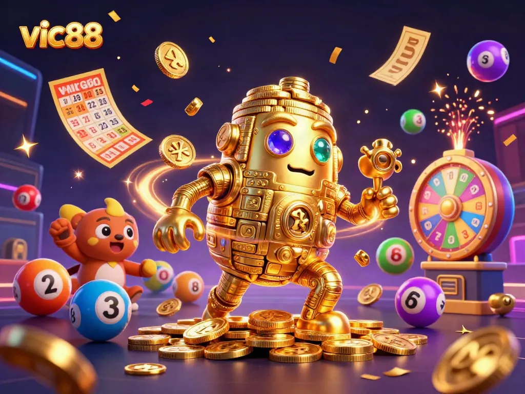 Play to win big with vic88 in this vibrant lottery-themed casino scene.