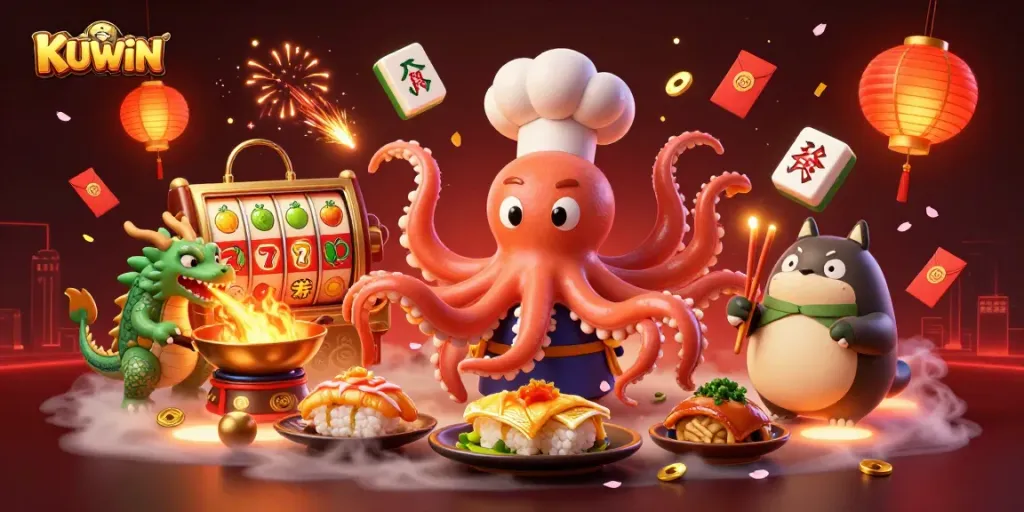 KUWIN spins the reels with a vibrant 3D casino scene featuring a sushi chef octopus and lively game elements.