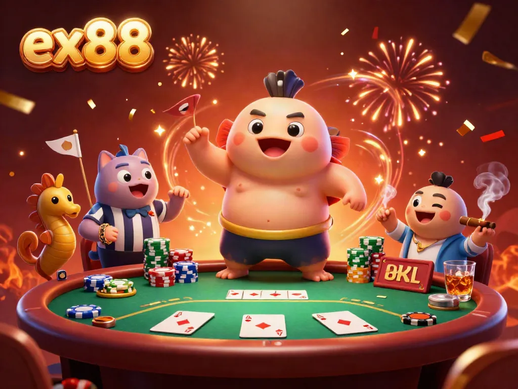 Engage with ex88 in a vibrant underwater casino scene featuring animated characters and poker elements.