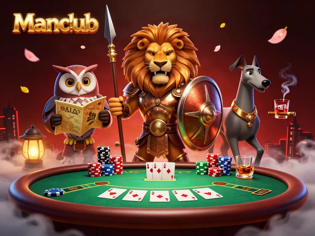 Engage in the thrilling world of Manclub, where high stakes poker battles take center stage in a vibrant casino scene.