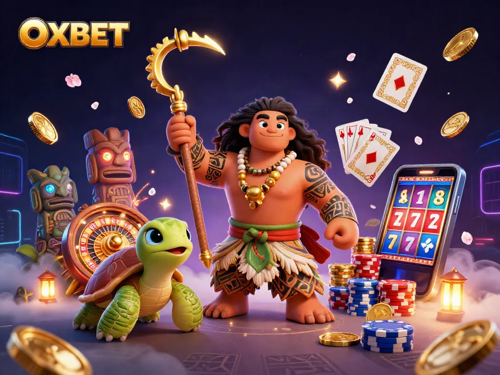 Experience the thrill of OXBET with exciting casino games featured in an ultra-detailed 3D illustration.