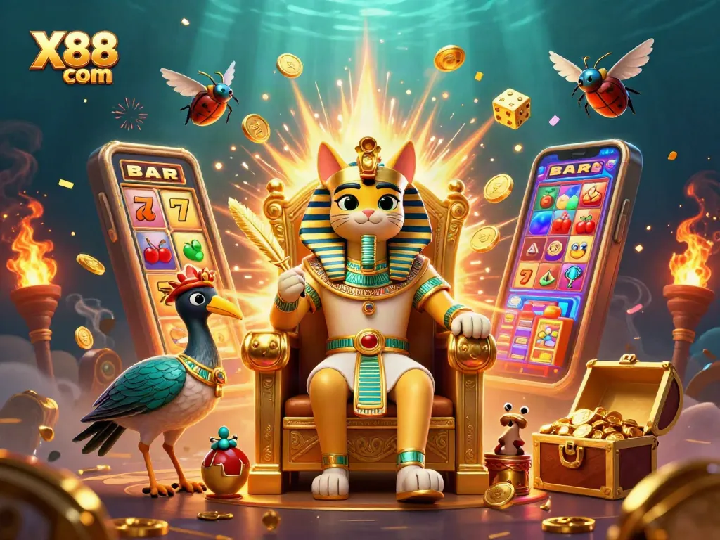 X88 com offers exciting casino games with a vibrant scene of a pharaoh cat, slot machine, and golden treasures.