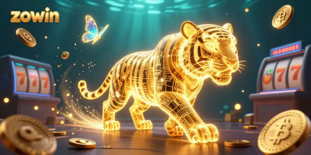 Experience the thrills of ZOWIN casino with a neon tiger and digital elements in a vibrant gaming scene.