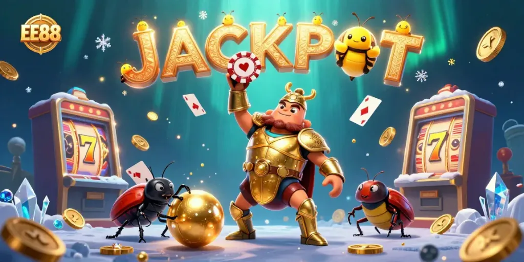 Experience the excitement of EE88 with a victorious beetle character showcasing slot symbols and dynamic gaming elements.